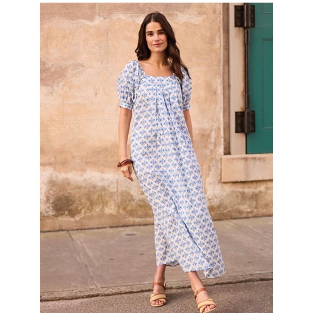 J.McLaughlin Blue White Floral Tile Cotton Maxi Dress Square Neck Puff Sleeve S